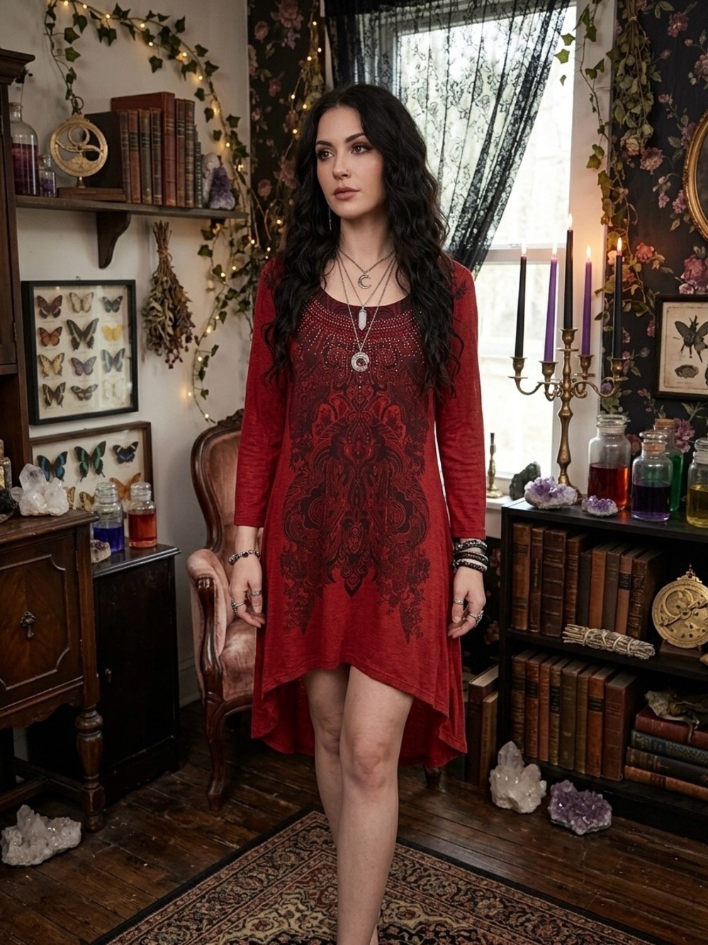 One World Red Rhinestone High Low Tunic Dress Whimsygoth Size Large Boho